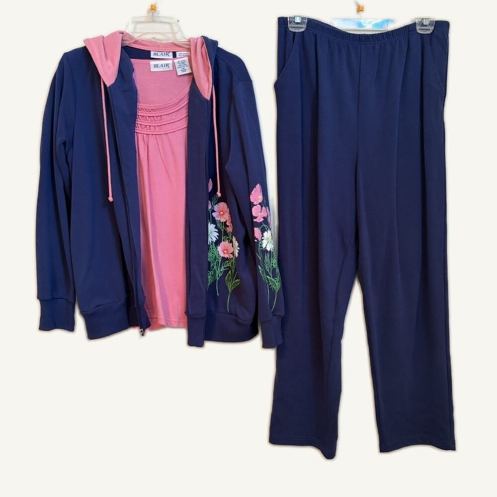 Blair Women's L Pink & Navy 3PC Floral Embroidered Sweat Set Cotton Blend